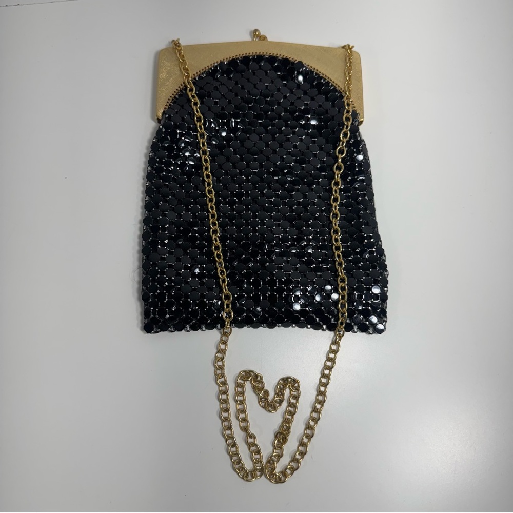 Whiting & Davis Black Sequin Clutch with Gold Chain